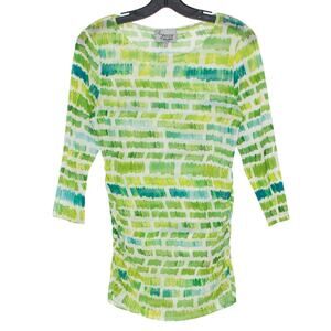 Lynn Ritchie Top 3/4 Sleeve Sheer Abstract Minimalist Boho Coastal Green Small